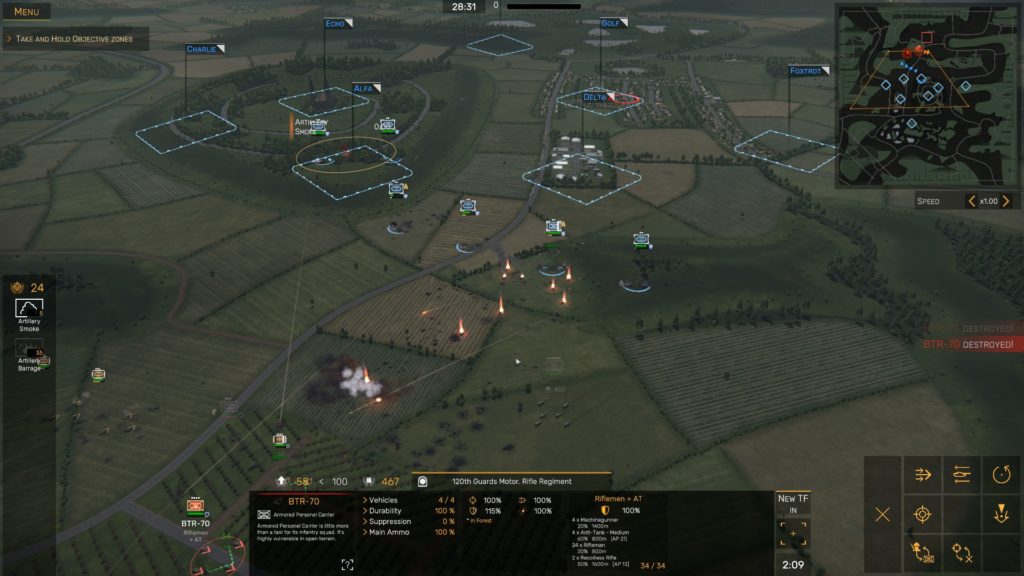 Flaming vehicles dot the landscape after an unsuccessful attack