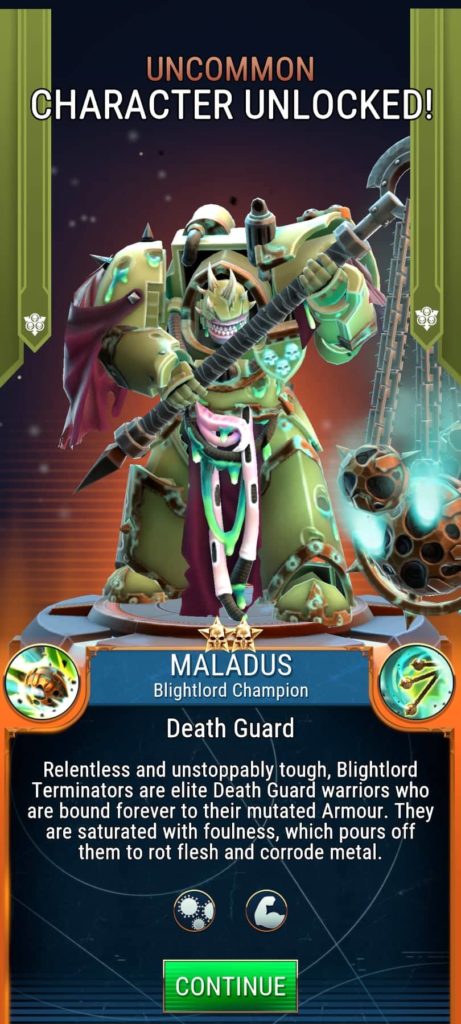 Maladius' unlock screen in Warhammer 40000 Tacticus