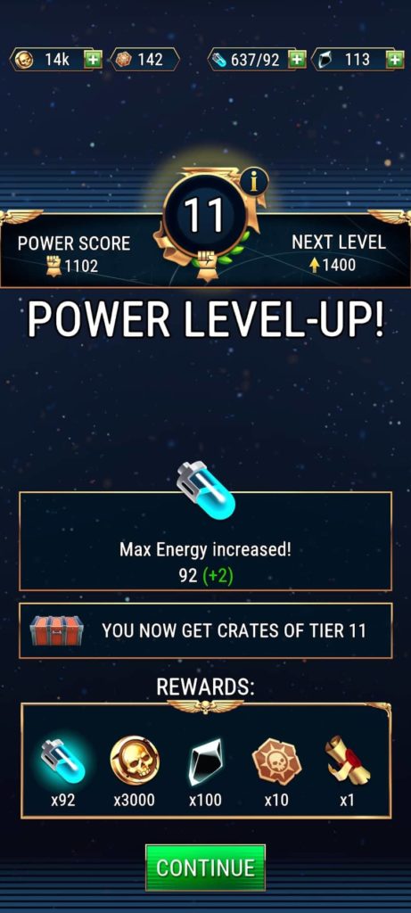 Warhammer 40000 Tacticus power level up screen showing the benefits
