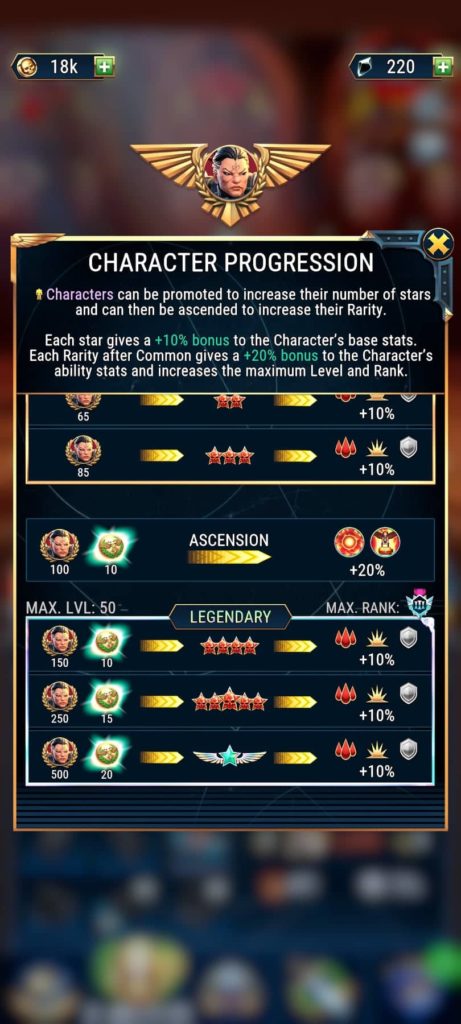 Character rank and rarity upgrade screen in Warhammer 40000 Tacticus