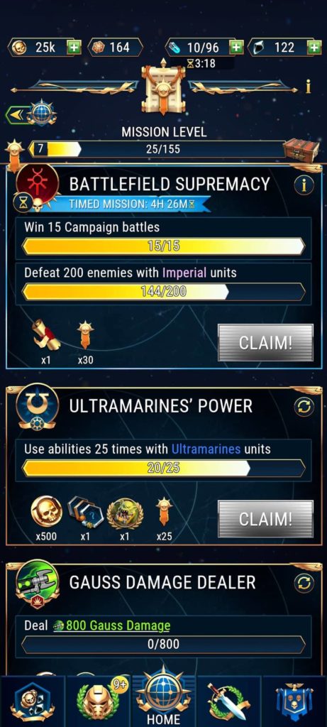 Warhammer 40000 Tacticus mission screen which is what you use to check your progress towards rewards