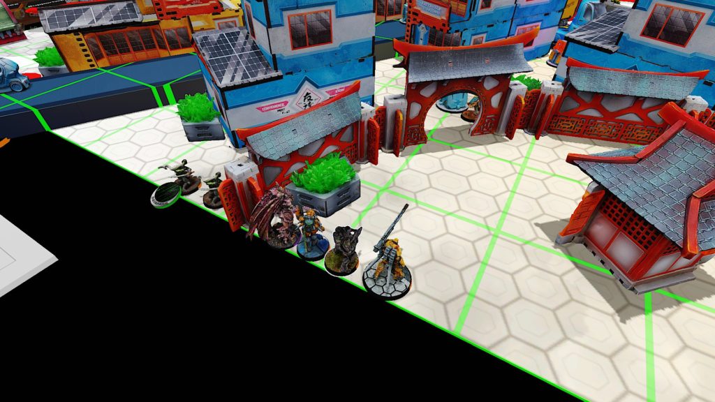 Reality's Edge Tabletop Simulator Screenshot with troops deployed on battlefield's edge. 