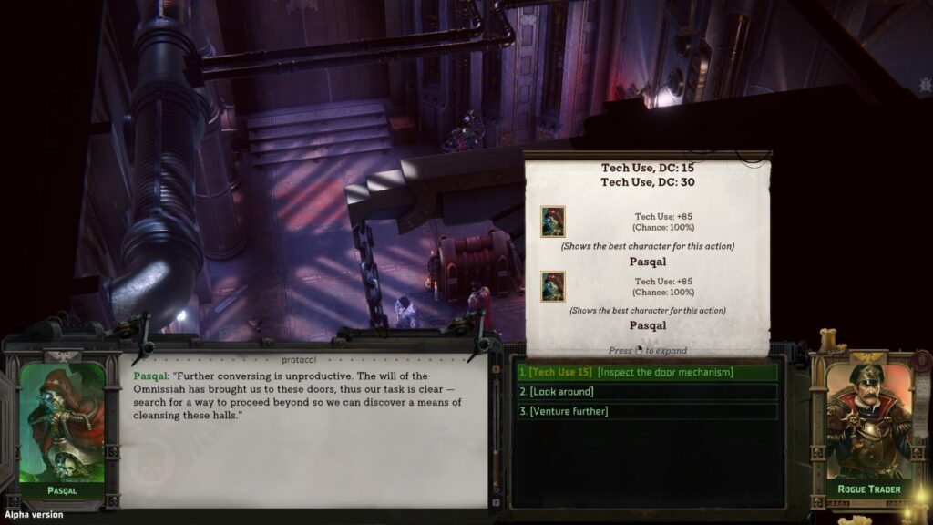 Warhammer 40,000: Rogue Trader - Dialogues can have options that lead to skill checks and options that had been passively unlocked by checks. 