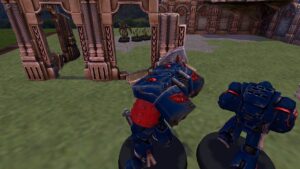A Space Marine with a jet pack looks at a squad of Gretchin.