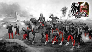 A painting of French troops in the Franco Prussian war, turned to grayscale and with red pants isolated. There's an Eagles of Empire logo in the upper right corner.