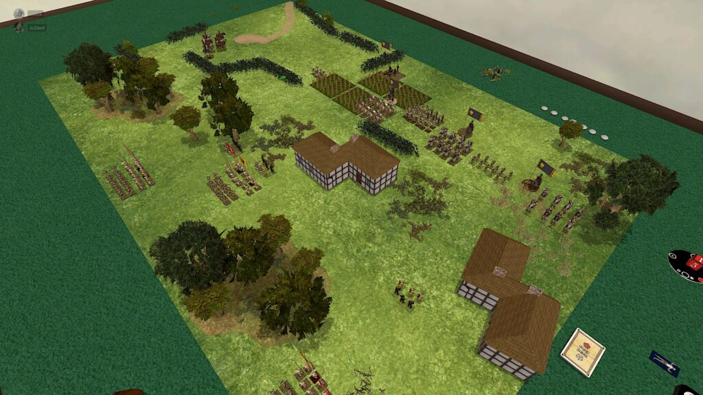 a TTS screenshot of a grassy map with scattered buildings and trees featuring two armies advancing on each other. 