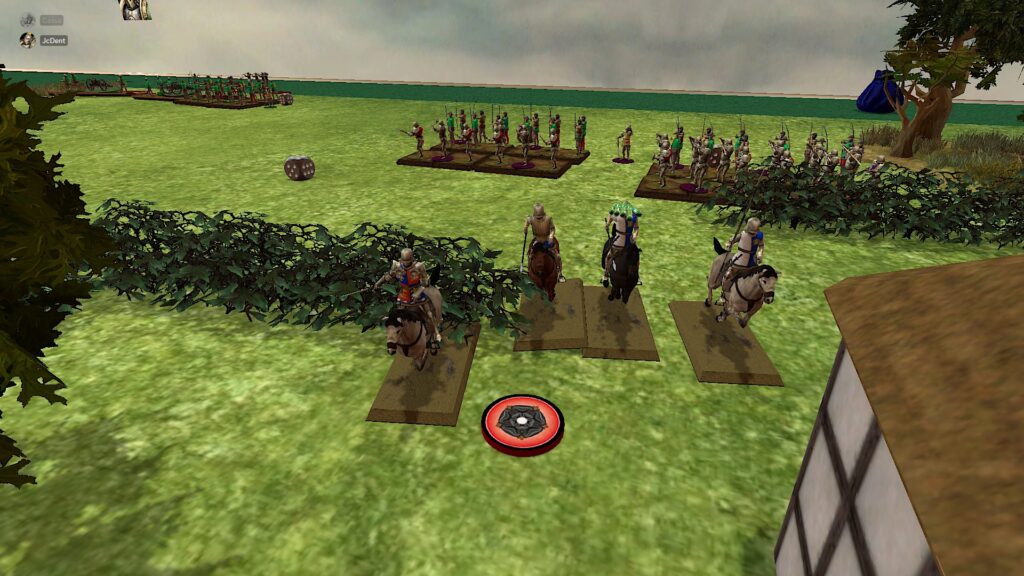A TTS screenshot showing a much-depleted and shattered light cavalry unit running away from blocks of infantry