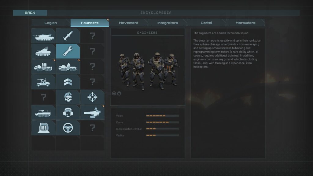 Terminator: Dark Fate - Defiance - Unit encyclopedia showing a mean four-man Engineer unit