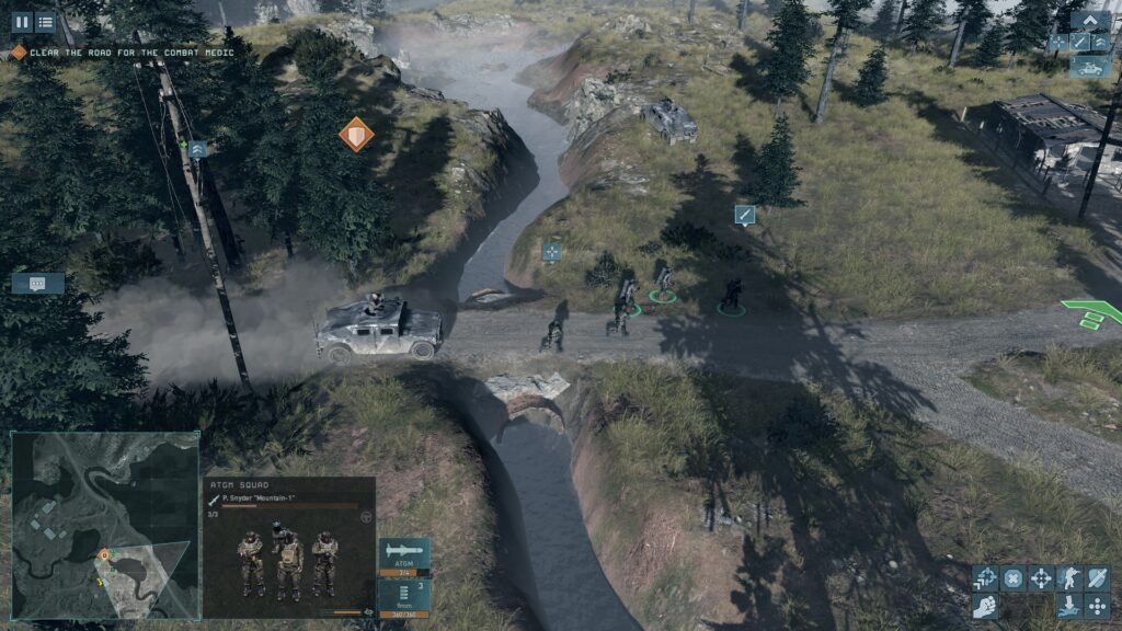 Terminator: Dark Fate - Defiance - a dirt bridge over a brook, with a futuristic ATGM team and a regular Humwee crossing over. 