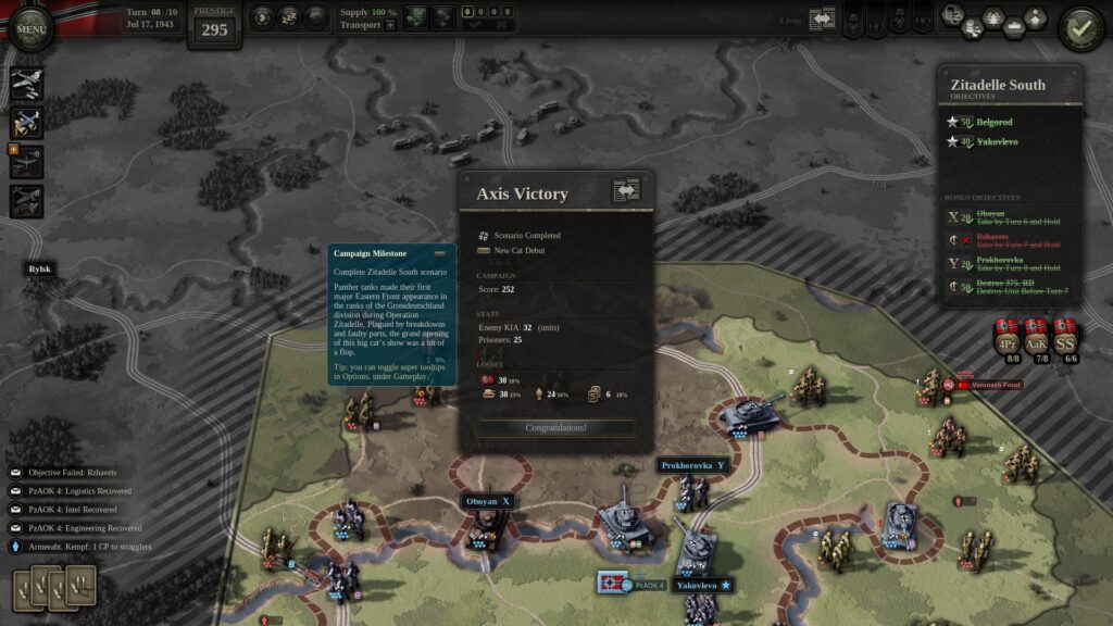 Unity of Command 2 Kursk DLC screenshot, showing the end-mission window for Zitadelle South and the New Cat Debut achievement, remarking how the first showing of the Panther was a wet fart