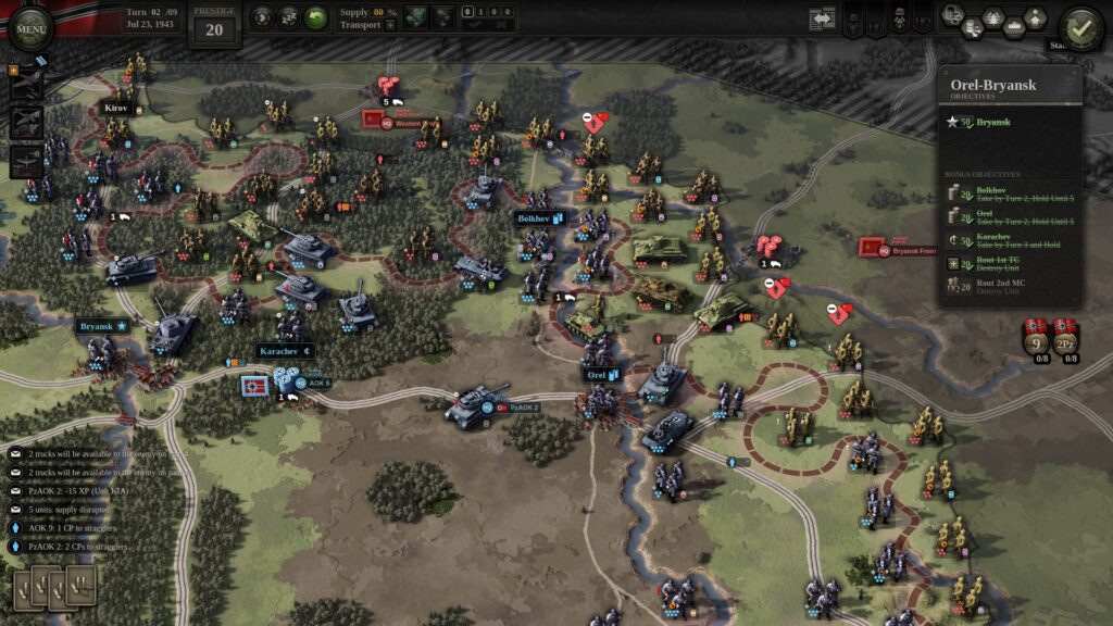 Unity of Command 2 Kursk DLC - a screenshot of Orel-Bryansk mission, German line is already shattered and some infantry divisions are already in danger of encirclement