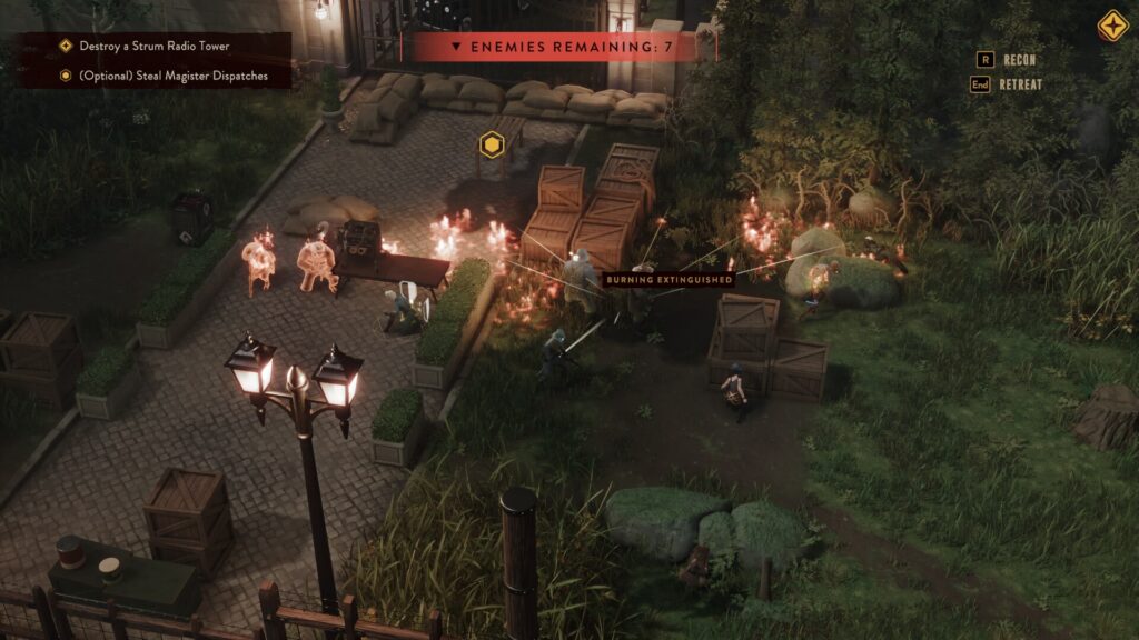 Lamplighters League screenshot: enemies remaining  7. Several are burning. The character in the middle of the screen just put out their own fire. 