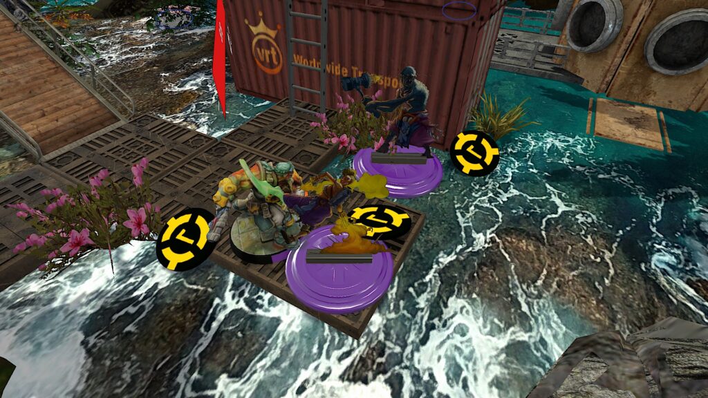 The Drowned Earth, a TTS screenshot: a miniature of a Morat Renegade is surrounded by two standees on purple bases. Batman activation tokens are strewn about. 