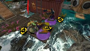 The Drowned Earth, a TTS screenshot: a miniature of a Morat Renegade is surrounded by two standees on purple bases. Batman activation tokens are strewn about.