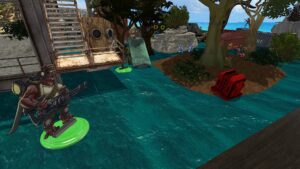 The Drowned Earth, a TTS screenshot: two standees stand in the water next to a ruin of a building and an island with a red box. The closer standee is a minigun-armed Gorilla version of Vasquez from Aliens.