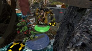 The Drowned Earth, a TTS screenshot: an action hero man in an Aliens loader mech is about to fight an archer lass on a dinosaur