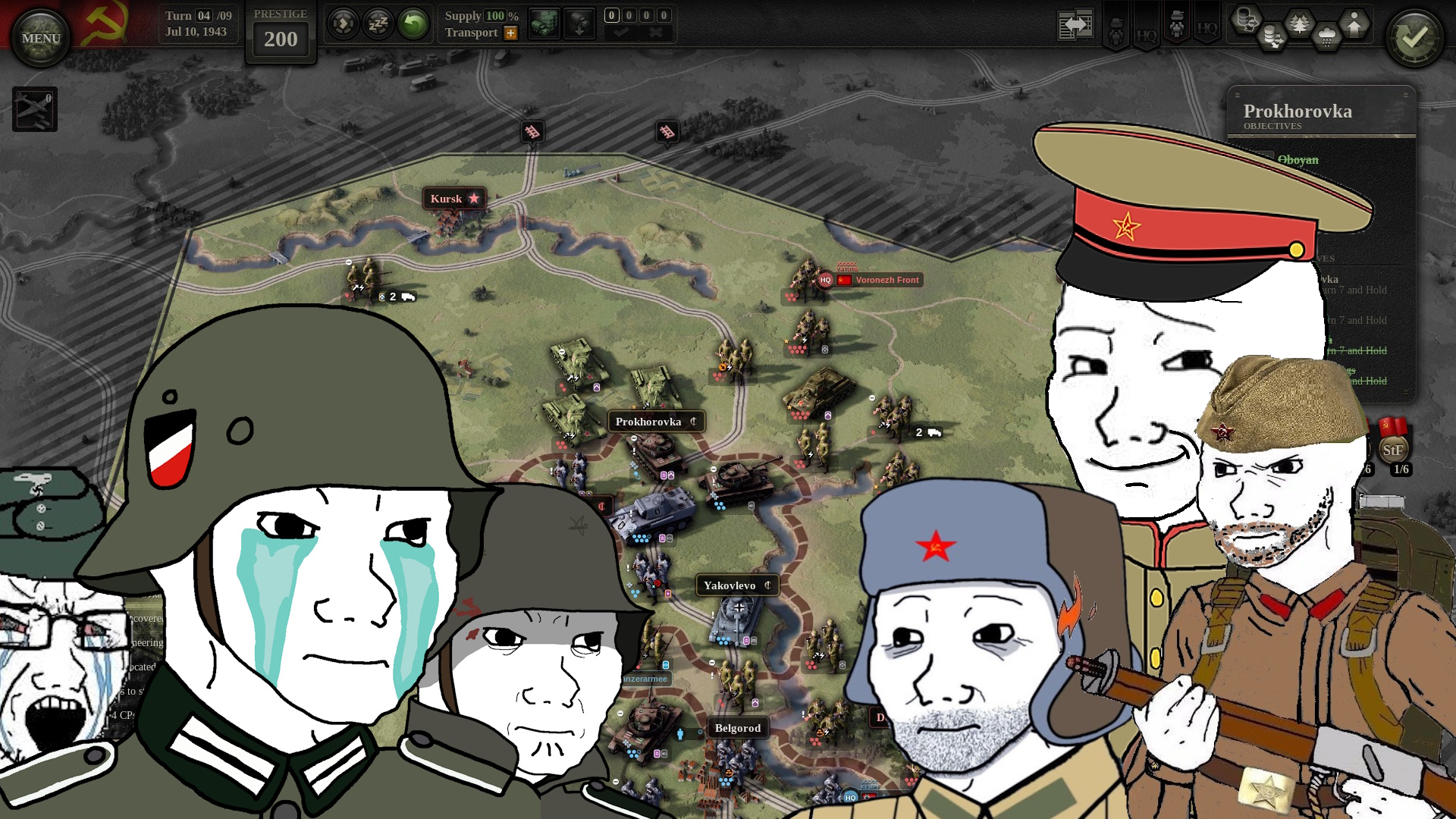 Unity of Comman 2 Kursk DLC - a screenshot of the Kursk battle, with crying Nazi wojaks and smug Soviet-jaks.