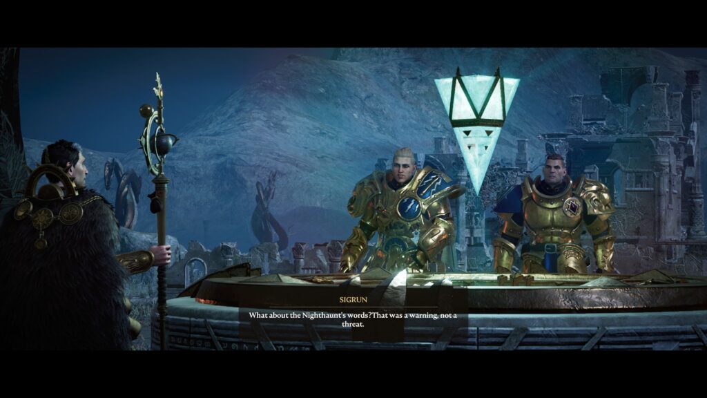 Warhammer Age of Sigmar Realms of Ruin demo - wizard on the left, glowing inverted pyramid-like artifact in the middle, our stormcast heroes in the back.
