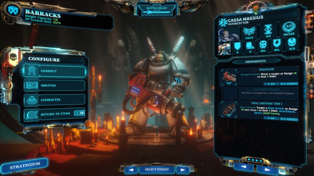 Warhammer 40000: Chaos Gate - Daemonhunters screenshot: a Grey Knight Interceptor armed with a psylencer stands in the center of the screen. On the left is a lift of equipment categories and on the right are his stats and equipped items. 