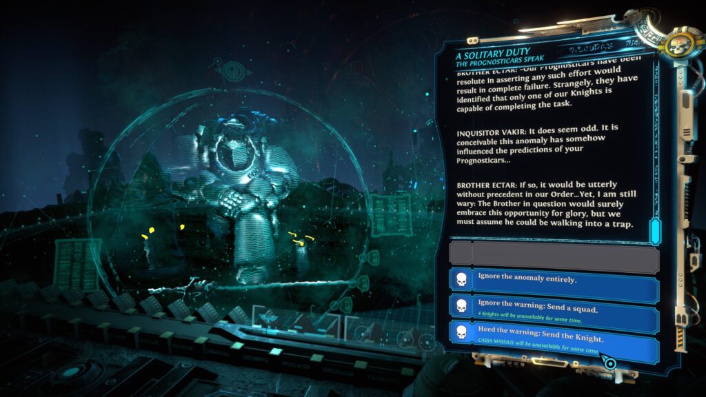 Warhammer 40000: Chaos Gate - Daemonhunters screenshot: a Grey Knight hologram in the center and a column of dialogue on the right with four potential responses. 