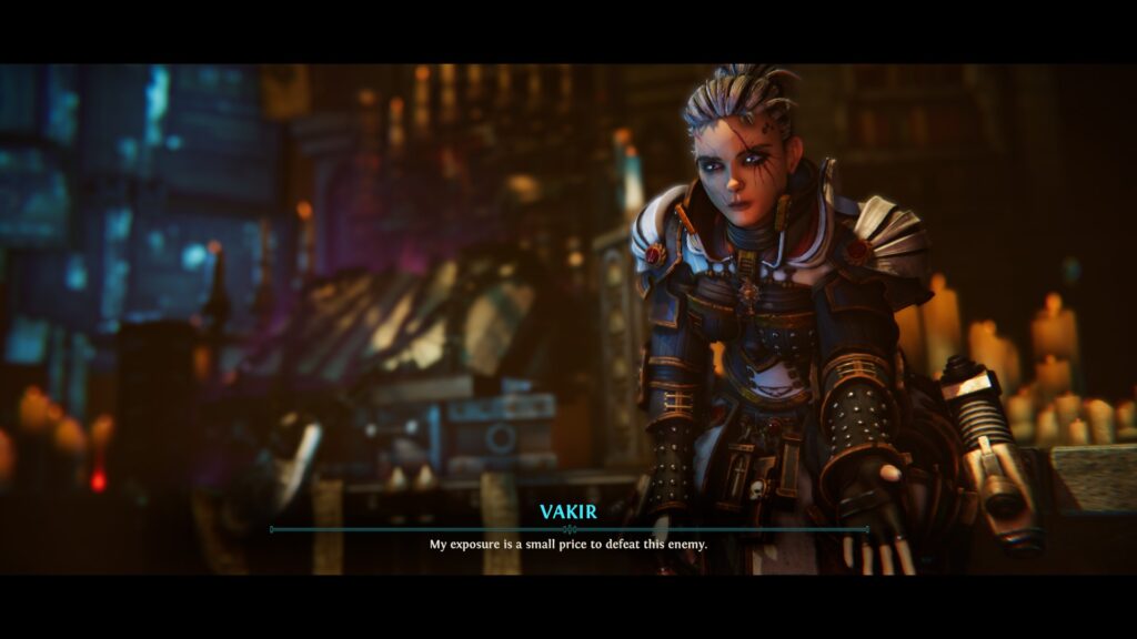 Warhammer 40000: Chaos Gate - Daemonhunters screenshot: a woman with short white hair kept in a ponytail and dressed in light armor sits on the stairs in front of some techno lectern.