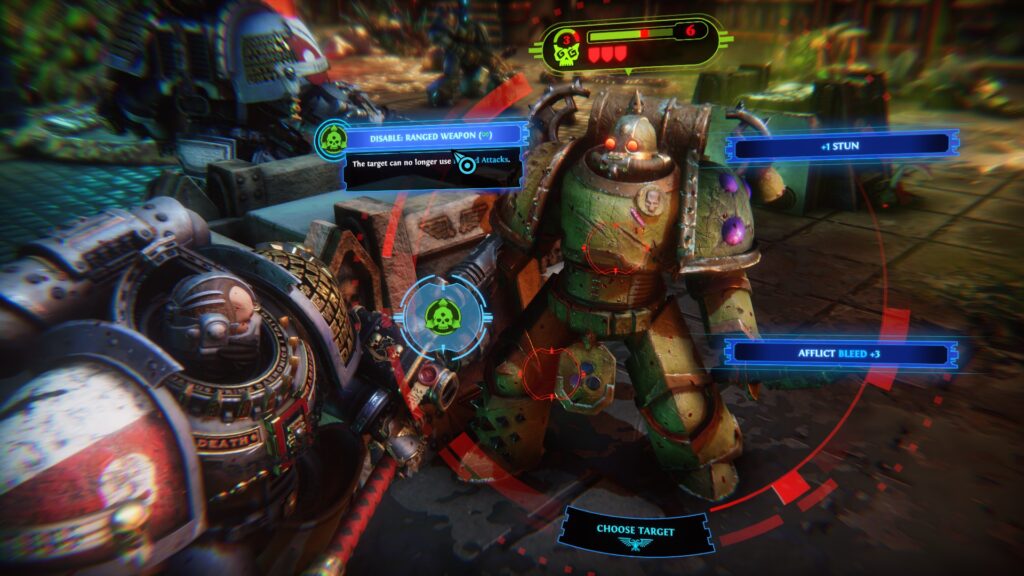 Warhammer 40000: Chaos Gate - Daemonhunters screenshot: the upper torso of a Grey Knight fills the lower left corner of the screen. In the center, a plague marine is surrounded by an interface circle marking his body parts. 