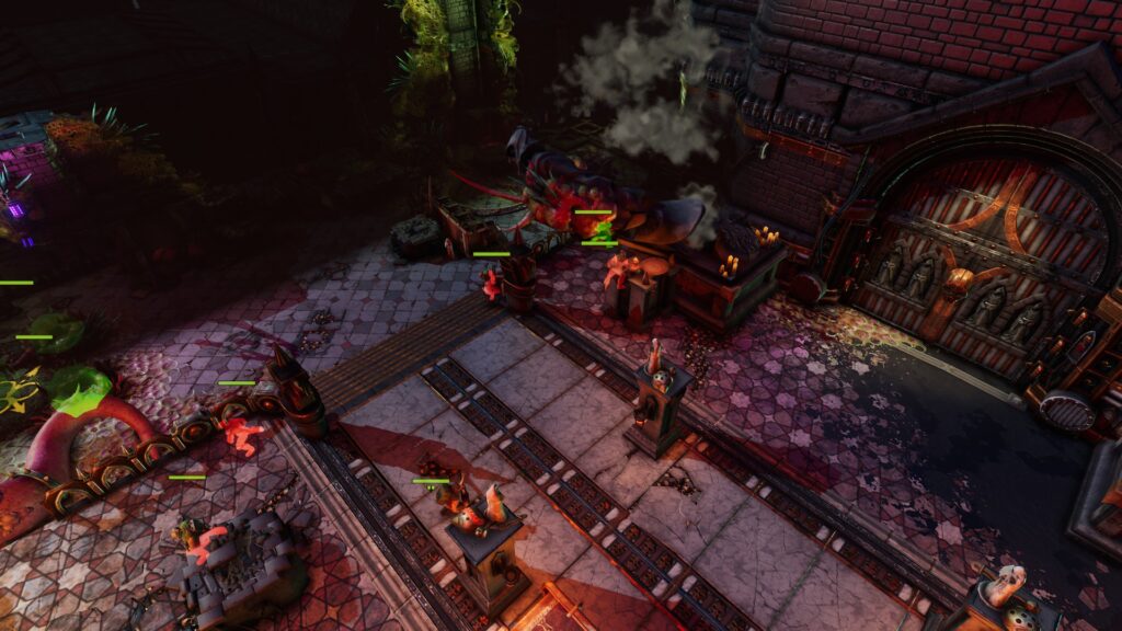 Warhammer 40000: Chaos Gate - Daemonhunters screenshot: a bunch of cultists scattered a snowly map. A corrupted statue is falling on some of them.  