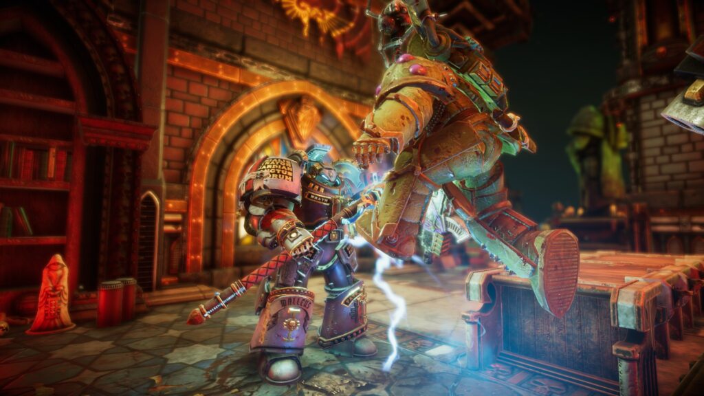 Warhammer 40000: Chaos Gate - Daemonhunters screenshot: a close up of a Grey Knight lifting a Plague Marine with the power of his mind.