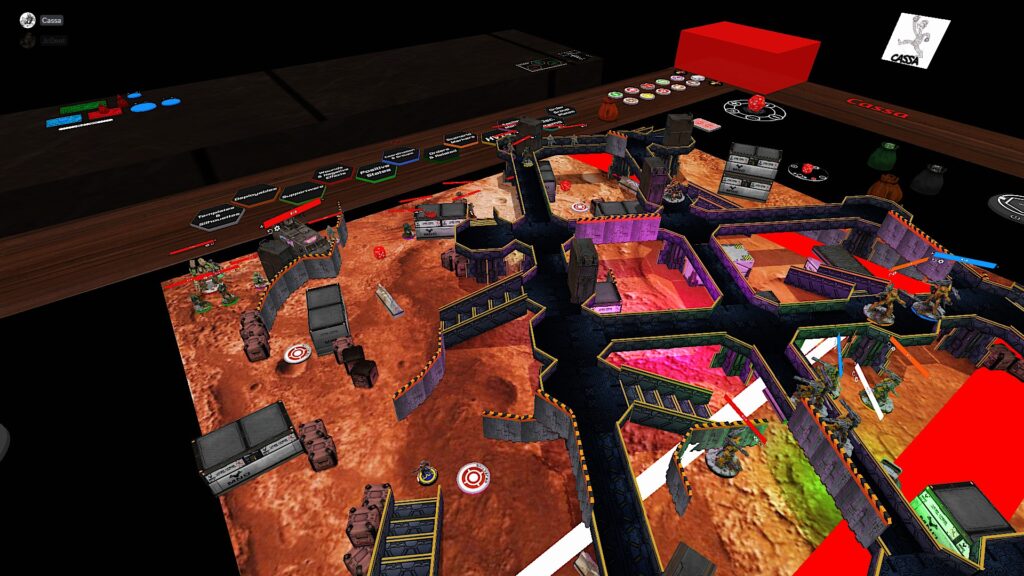 TTS screenshot: a cramped Infinity table and mostly Infinity miniatures. The table is notable for a dense layer of walkways that would make playing the game on TTS unbearable.  