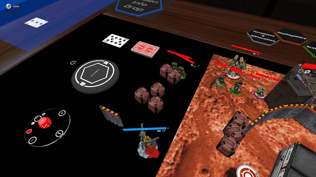 TTS screenshot: some troopers are set aside behind crates outside of the game mat. 