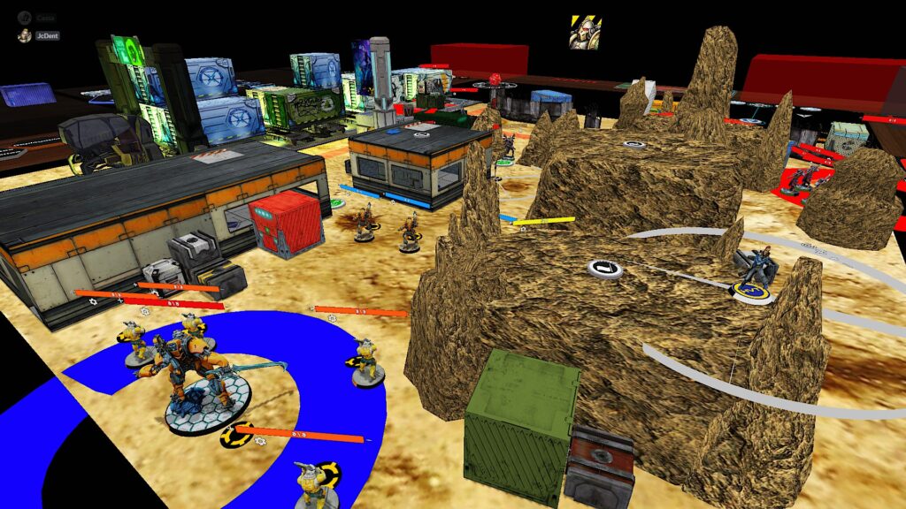 TTS screenshot: Infinity map with deployment zones marked with thick blue lines. YJ miniatures.
