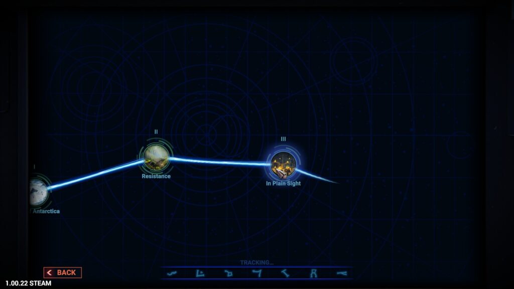 Stargate: Timekeepers screenshot: the spartan mission select screen just has a blue line connecting mission represented as associative art and a title. There's a line of Stargate coordinate symbols below with "tracking..." written above it