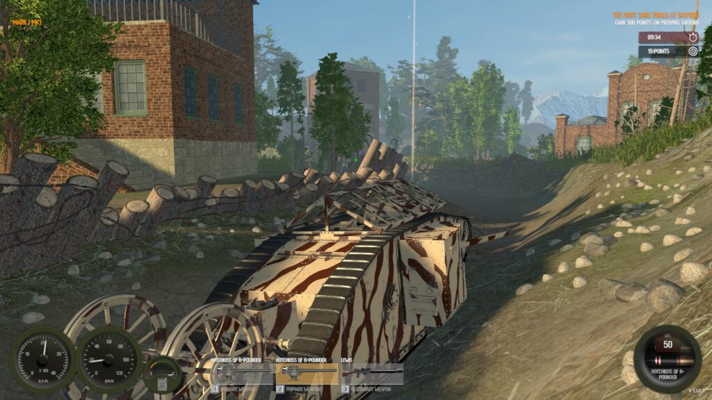 Arms Trade Tycoon: Tanks screenshot: a MK IV in stripey camo being driven in third person. 