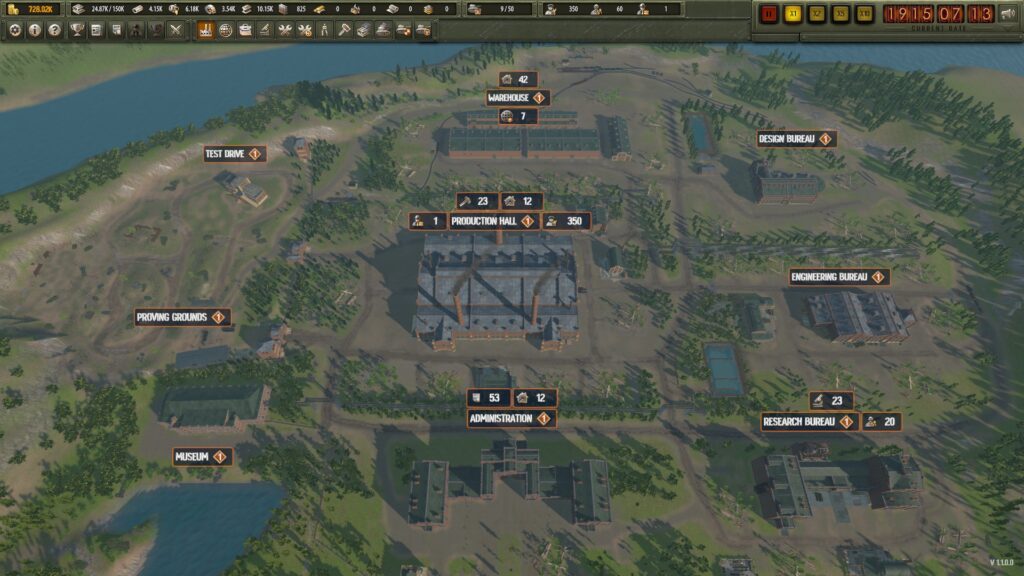 Arms Trade Tycoon: Tanks screenshot: the main screen showing the factory grounds with various facilities.