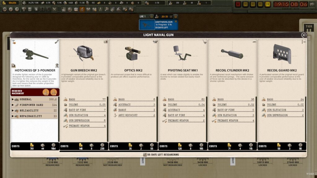 Arms Trade Tycoon: Tanks screenshot: the research screen showing the Hotchkiss gun part I researched and the gun components that have become available to all the gun parts of the same class. 