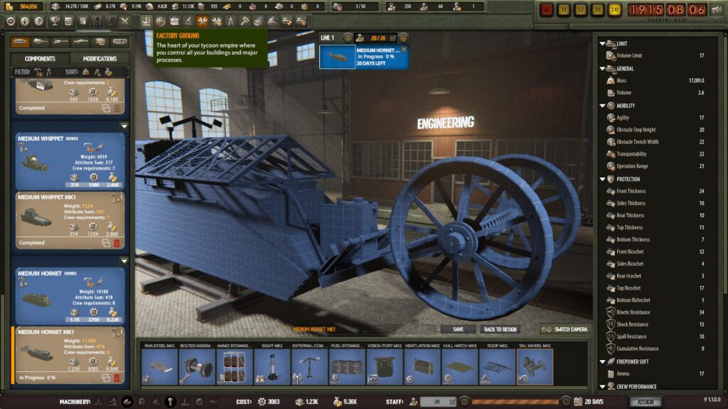 Arms Trade Tycoon: Tanks screenshot: the engineering screen. It shows the hull of a Hornet Medium textured in blueprint squares. There's a design selector on the left and a stats readout on the right. At the bottom is the selector of parts to be used in the design. 