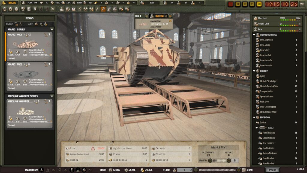 Arms Trade Tycoon: Tanks screenshot: the manufacturing line screen. 3D model of the tank in the center. Tank design selection on the left, technical data on the right, production line setup at the bottom. 