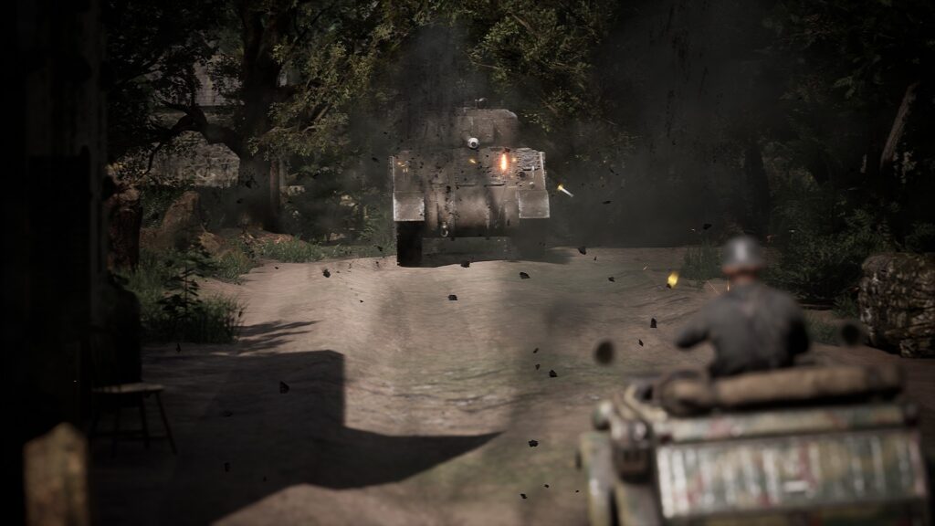 Headquarters: World War II demo screenshot: cinematic camera shows a Kulbewagen gunner firing his MG at a far-off Firefly. 