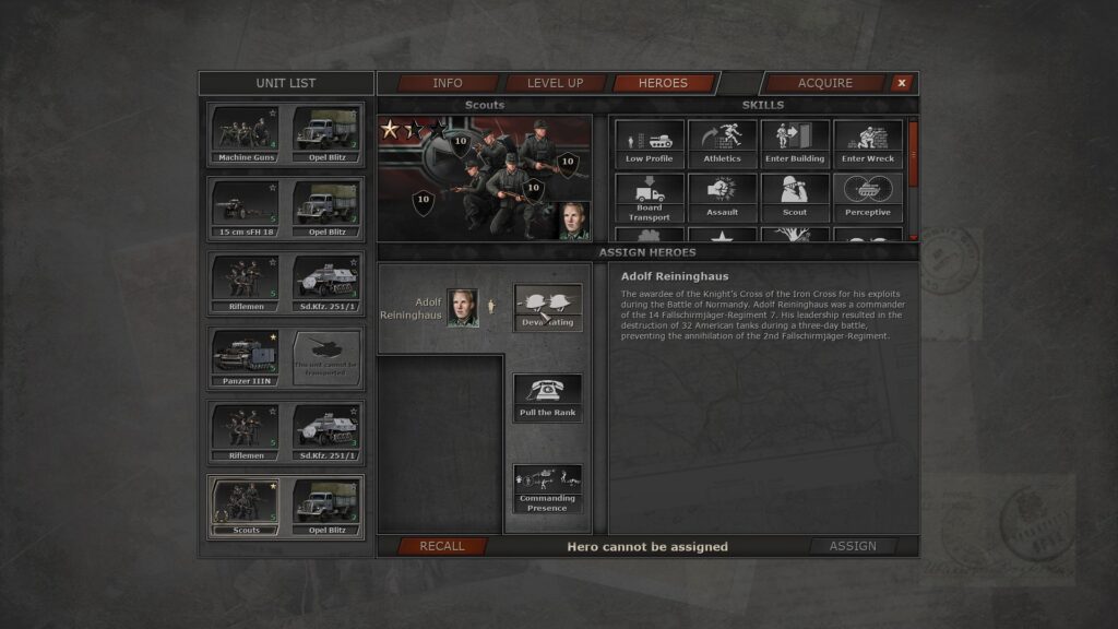 Headquarters: World War II demo screenshot: unit purchase screen where I'm attaching some Nazi hero to an infantry unit. 
