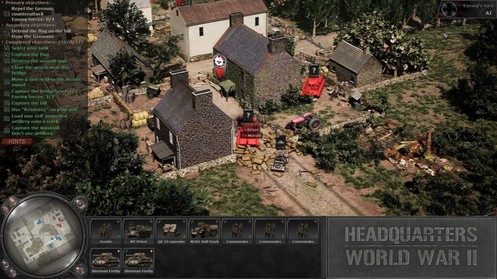 Headquarters: World War II demo screenshot: a suspected tank contact suffers overwatch fire, taking 1 Graze and 19 Morale damage.