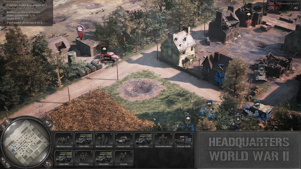 Headquarters: World War II demo screenshot: a British rifle unit in the fuel depot on the left runs into my entire force on the right. 