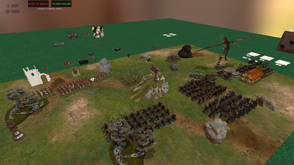 The 9th Age on TTS screenshot: the battlefield from an orc POV. The Empire is on the other side and aiming to take the central objective. 