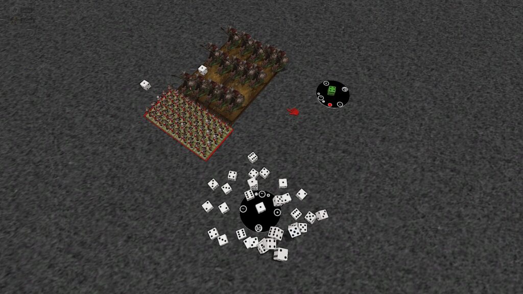 The 9th Age on TTS screenshot: simulating Heavy Troops fighting some orc cavalry. The dice pool engulfs the dice roller. 
