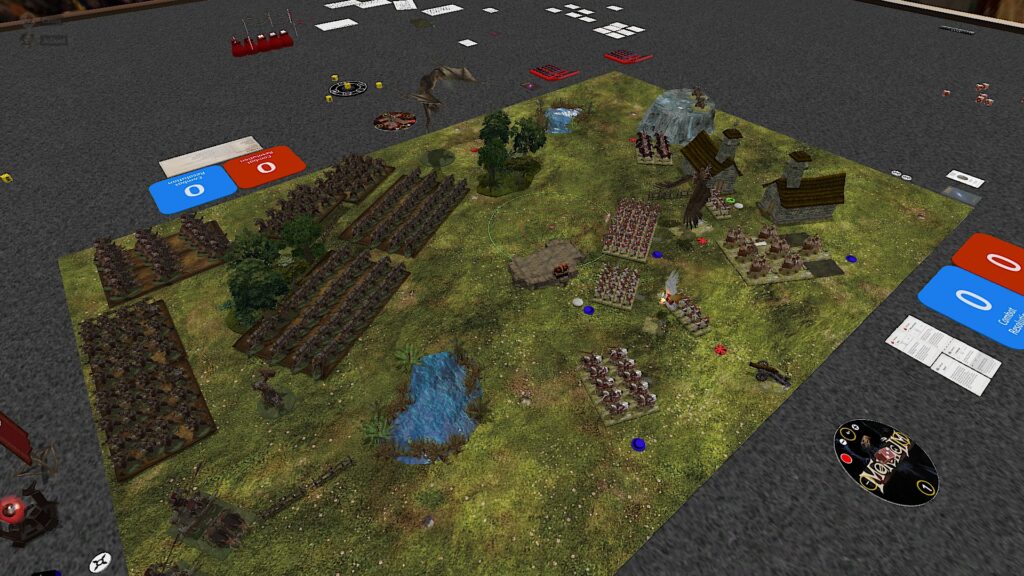 The 9th Age on TTS screenshot: the orc and human armies do their first moves.