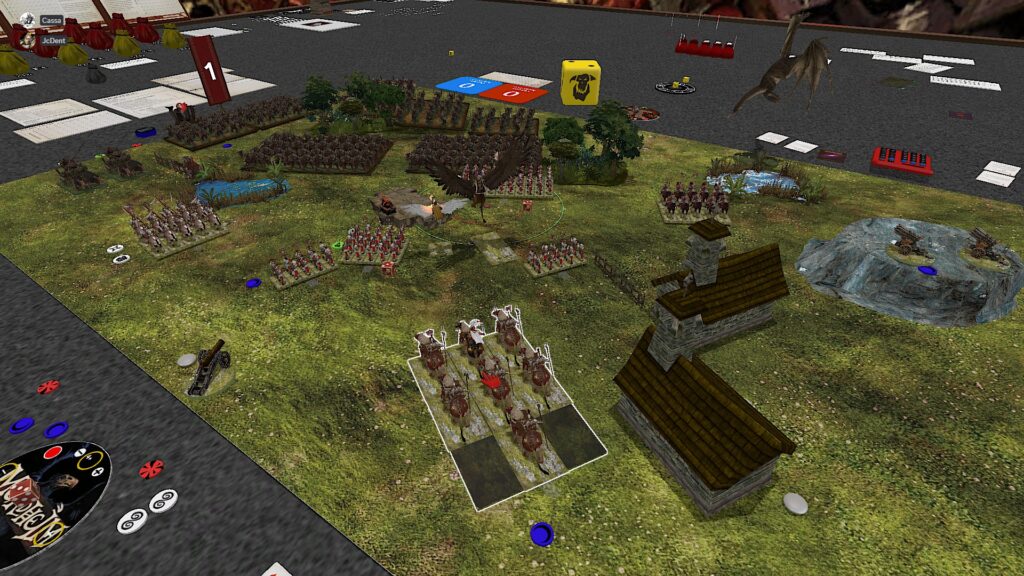 The 9th Age TTS screenshot:  a unit of  seven demigryph knights is about to move. 