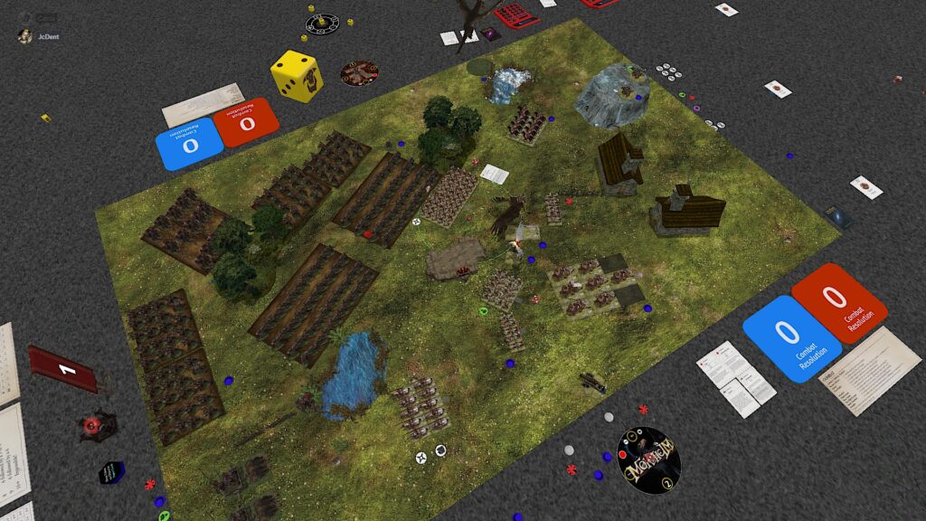 The 9th Age TTS screenshot: a map strewn with ugly unit rectangles and a table cluttered with tools of play. 