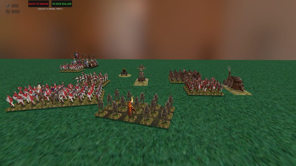 The 9th Age TTS screenshot:  an Empire of Sonnstahl army featuring a steam tank and a wizard leading a unit of irregulars