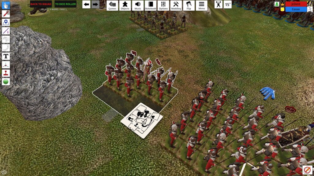The 9th Age screenshot on TTS:  an Empire Heavy Troop block with a blessing card. 