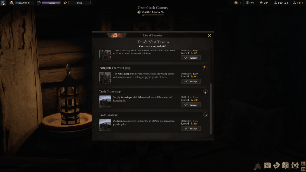 Wartales screenshot: the inn job board screen 