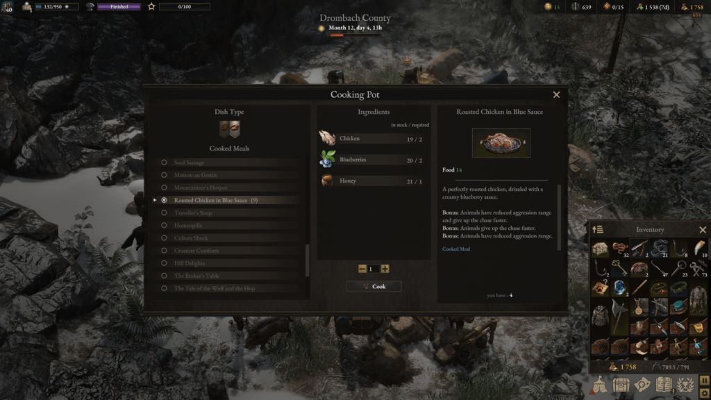 Wartales: food crafting screen